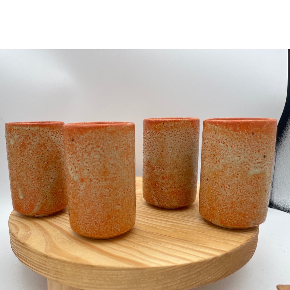 Vtg Shino glaze Tumblers Set 4 Orange Crawl Glaze studio Wabi Sabi Yunomi Signed